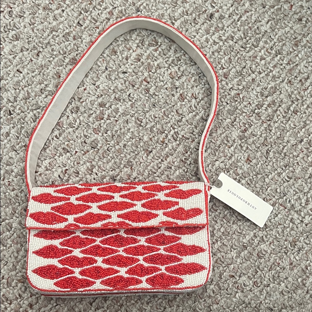 Anthropologie Fiona Red and White Beaded Shoulder Bag